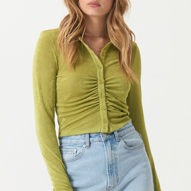 Ruched Button Up Collar Top